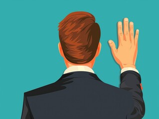 Illustration of a man in a business suit taking an oath, raising his right hand, back view.