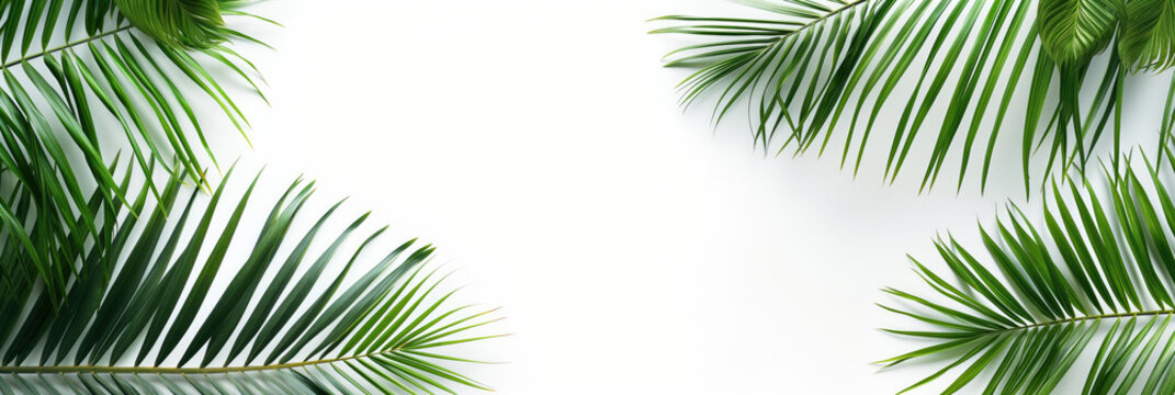 Palm tree branches on white background with copy space, top view. Travel agency banner. Summer, vacation