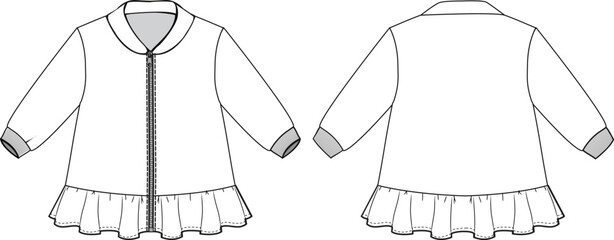 Kids frilled hem zipper jacket technical drawing vector