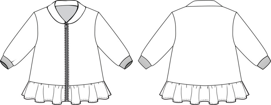 Kids frilled hem zipper jacket technical drawing vector
