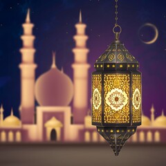 Islamic lantern, mosque blur background, celebrating Eid ul Adha For Social Media Post Size