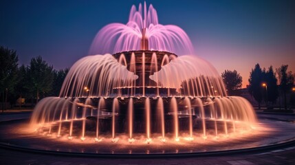 a large fountain with lights and water shooting out of it. skyscrapers and dancing fountain in the evening