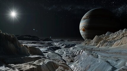 Virtual tour of Jupiters moons showcasing Ganymedes icy terrain under a starlit sky - obrazy, fototapety, plakaty