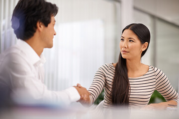 Business people, handshake and agreement with colleague for meeting or deal together at the office....