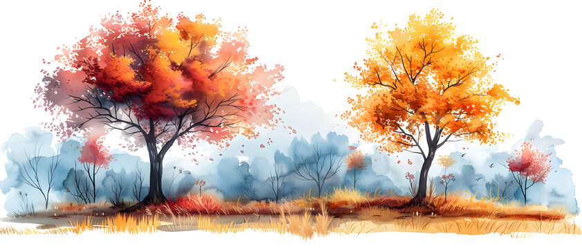 Beautiful scenery of bright fall trees against a muted background in watercolor style