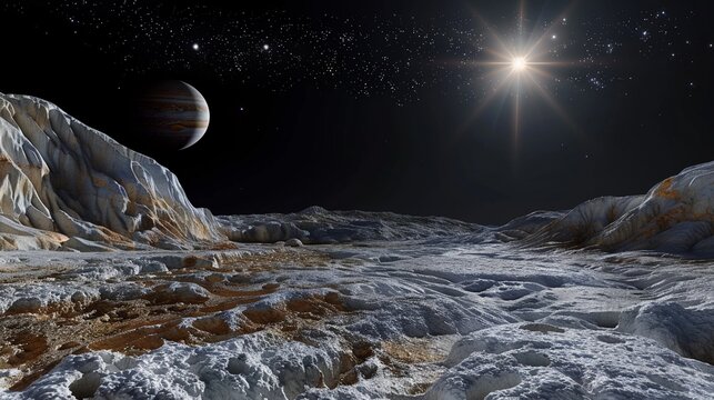 Virtual tour of Jupiters moons showcasing Ganymedes icy terrain under a starlit sky