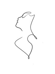 A portrait of a woman is drawn in one line art style. Body and facial expression. Tattoo art. Printable wall art.	