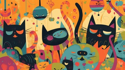 A vibrant, abstract illustration filled with an assortment of stylized cats in a myriad of patterns and colors, perfect for a playful and artistic setting.