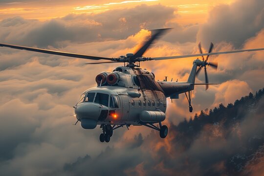 A dramatic sunset flight, this image showcases a helicopter navigating through a sky filled with clouds above rolling hills, enhancing the sense of adventure