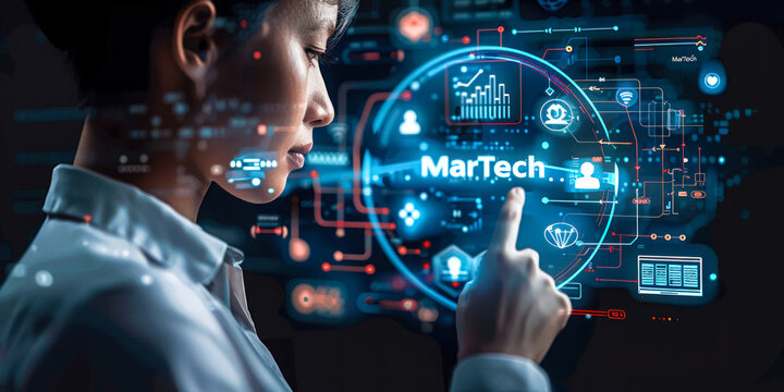 Professional Analyzing MarTech Solutions with a Digital Interface Featuring Marketing Technology and Data Analytics
