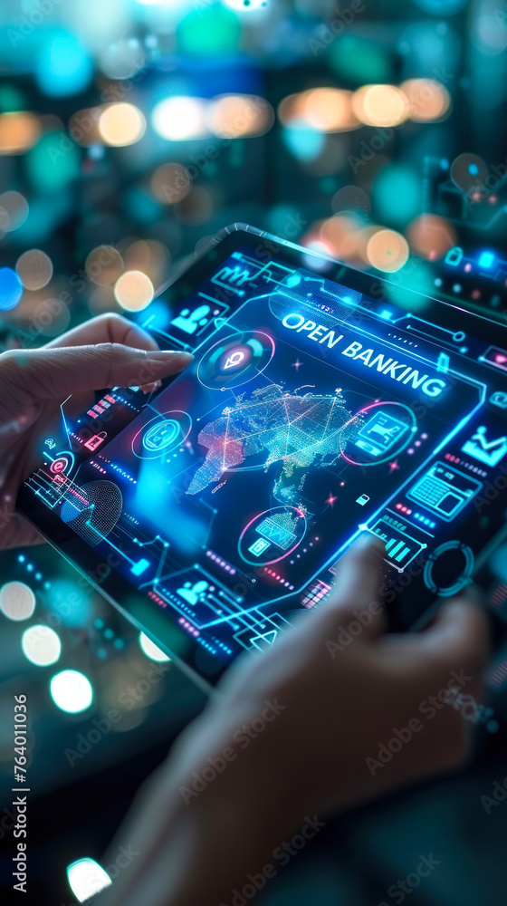 Poster futuristic concept of open banking with api and financial icons hovering above a tablet in a user's 