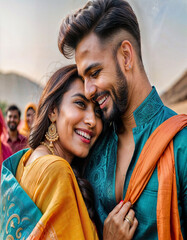 Indian couple hugging in traditional clothes