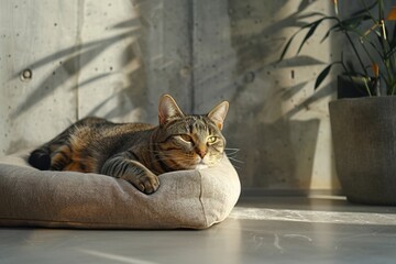 cat laying in a cat bed, in a polished concrete showroom