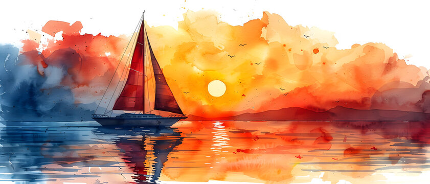 This image captures a sailboat against a vivid sunset sky reflected in tranquil waters, rendered in watercolor