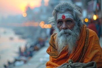 An Indian sadhu with a painted forehead and orange attire sits by the Ganges river at sunset - obrazy, fototapety, plakaty