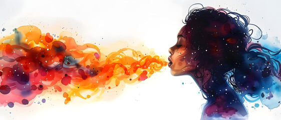 An artistic representation of a colorful abstract explosion emanating from a face silhouette against a white backdrop - obrazy, fototapety, plakaty