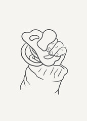 Sketch cute baby hand holding pacifier vector