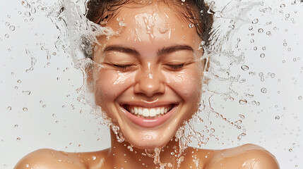 Portrait of smiling woman with drops of water around her face. Spa and wellness treatment