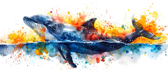An expressive watercolor showcasing the dynamic and powerful essence of a whale, blending realism with artistic splashes of color