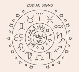 Astrology, zodiac signs in circle, beige neutral colors, vector illustration, line art - 764011665