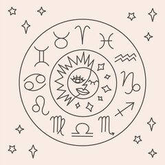 Zodiac signs in the circle. Horoscope, astrology vector illustration with sun and moon in the center, beige neutral colors, line art - 764011683