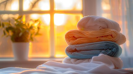 Soft warm light illuminating a stack of clean laundry , vibrant