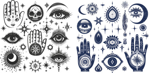 Hand drawn eyes talismans, fatima hand, hamsa and turkish evil eye, sacred spirituality amulets vector illustration icons set - obrazy, fototapety, plakaty