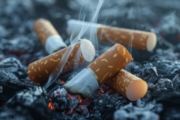 Closeup of lit cigarettes with smoke against a dark background symbolizing addiction - obrazy, fototapety, plakaty