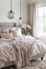 Cozy bedroom interior design. Modern light house or hotel room with comfortable large king size bed, luxury linen and stylish trendy minimal or classic decor background. Bedroom home furniture shop.