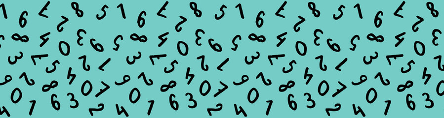 template with the image of keyboard symbols. a set of numbers. Surface template. pastel green blue background. Horizontal image. Banner for insertion into site.