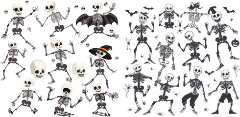 Funny skeletons characters. Illustration halloween skeleton, party dance bones
