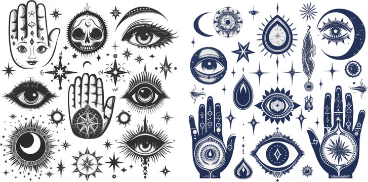 Hand drawn eyes talismans, fatima hand, hamsa and turkish evil eye, sacred spirituality amulets vector illustration icons set