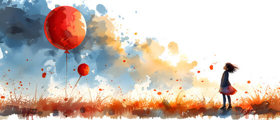 A young child holding balloons stands against a backdrop of a bright watercolor landscape, symbolizing hope and joy