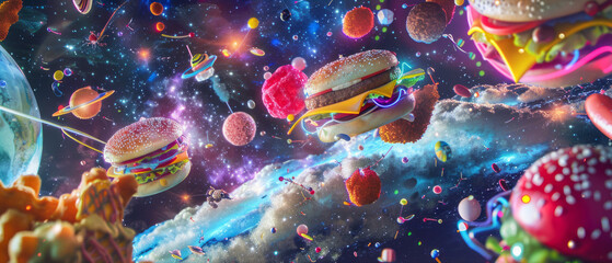 the universe with planets, stars, and galaxies, transformed into fast food styled like neon lights.