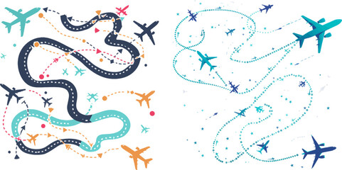 Planes and traveling routes vector illustration icons set - obrazy, fototapety, plakaty