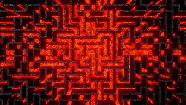 Top tracking camera realistic looping 3D animation of the burning infernal maze or labyrinth rendered in UHD