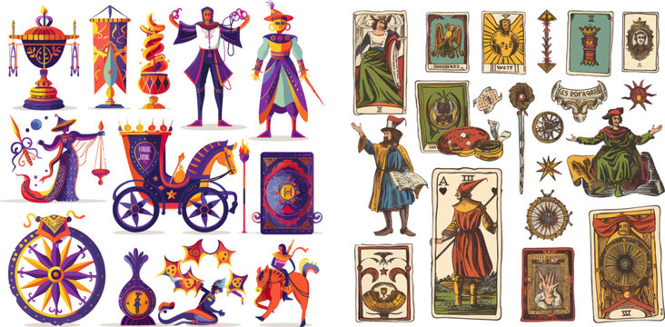 Occult deck for divination with chariot, fool, magician and wheel of fortune vector set