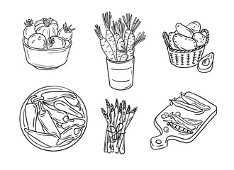 Sketchy outline drawings of vegetables in groups. Doodle outline vegetables for healthy eating on white background. Ideal for coloring pages, tattoo, pattern