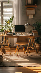 Obraz premium Workplace table with computer in modern living room at home. Cozy stylish comfortable workspace desk with chair for work at home trendy interior design space furniture background.