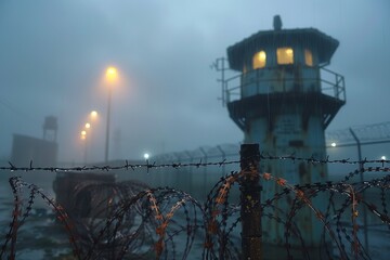 The eerie scene showcases a watchtower lit in the murky mist, barbed wire in the foreground imposes a feeling of desolation