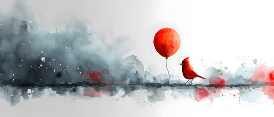 A red cardinal bird and a balloon stand out in a monochrome watercolor, symbolizing hope and freedom