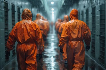 Obraz premium A team of hazmat personnel in bright orange suits walking down a dimly lit hall symbolizing crisis and urgency