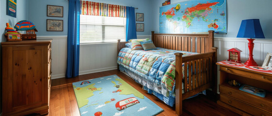 Bedroom for kid interior home design concept. Modern stylish cozy cute room with bed and other furniture decoration ideas for child or children in comfortable house or apartment background.