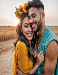 Indian couple hugging in traditional clothes