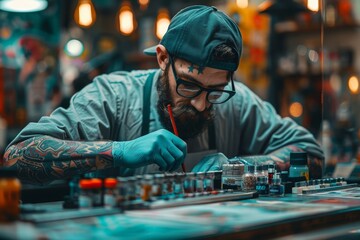 A tattoo artist in deep concentration while working on a tattoo, surrounded by equipment in a studio