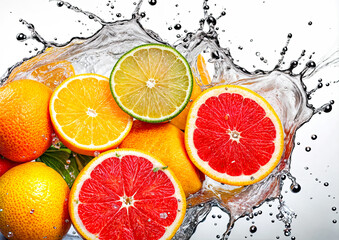 Variety of citrus fruit with water splash, isolated on white background