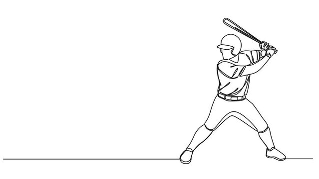 animated continuous single line drawing of baseball player swinging bat, line art animation