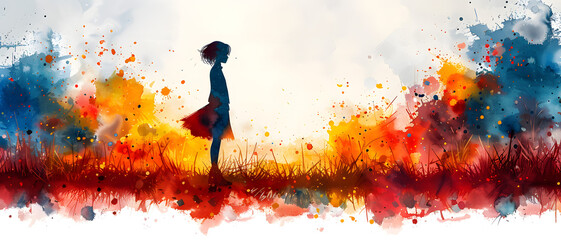 A solitary figure in a striking watercolor painted field, conveying emotion