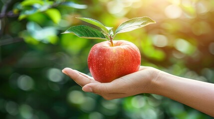 Organic apple selection  hand holding fresh fruit on blurred background with copy space