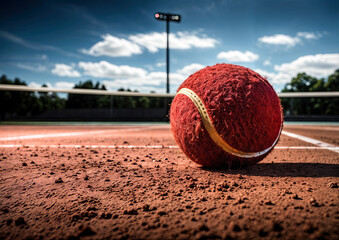 Tennis ball on the court with blue sky and white clouds